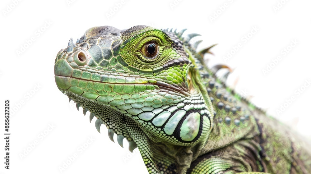 A close up portrait of a Green iguana (Iguana iguana) on a white background; Limon province, Costa Rica A close up portrait of a Green iguana (Iguana iguana) on a white background; Limon province, Costa Rica