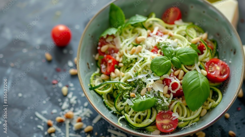 A bowl of zucchini noodles (zoodles) with cherry tomatoes, basil pesto, pine nuts, and Parmesan cheese A bowl of zucchini noodles (zoodles) with cherry tomatoes, basil pesto, pine nuts, and Parmesan cheese
