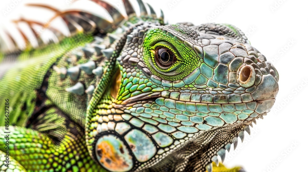 Fototapeta premium A close up portrait of a Green iguana (Iguana iguana) on a white background; Limon province, Costa Rica