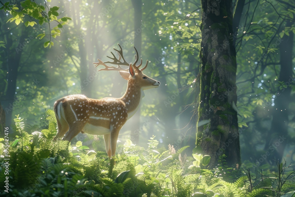 Graceful deer standing in a lush green forest, sunlight filtering through the trees, detailed fur and antlers.
Graceful deer standing in a lush green forest, sunlight filtering through the trees, detailed fur and antlers.