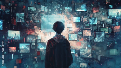 A creative depiction of multiple screens displaying social media feeds, news, and messages around a person, visualizing the overload of digital information