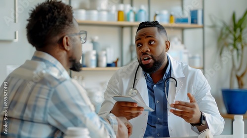 Healthcare provider explaining medication to a male patient