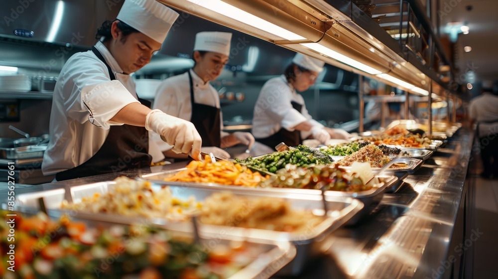 Close up of a buffet worker wearing protective gloves distributing and pouring food
Close up of a buffet worker wearing protective gloves distributing and pouring food