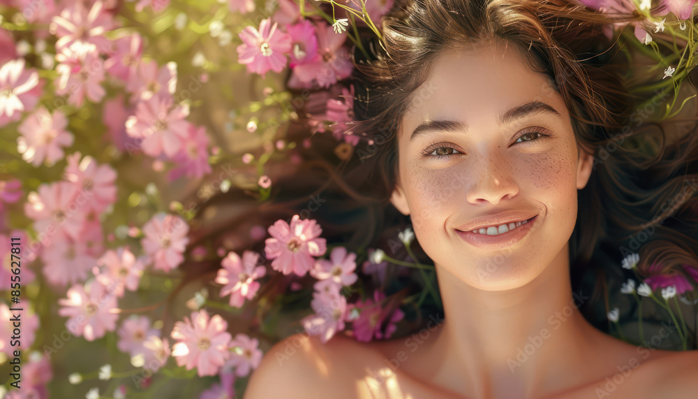 Young Woman Smiling in a Field of Pink Flowers on a Sunny Day, Capturing the Beauty of Nature and Happiness in a Serene Outdoor Setting Young Woman Smiling in a Field of Pink Flowers on a Sunny Day, Capturing the Beauty of Nature and Happiness in a Serene Outdoor Setting