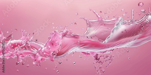 Vibrant pink water splash with swirling waves and circular movement, featuring 3D splashes of fruit juice, berry drink, wine, and syrup with drops and bubbles for food and cosmetic ads.