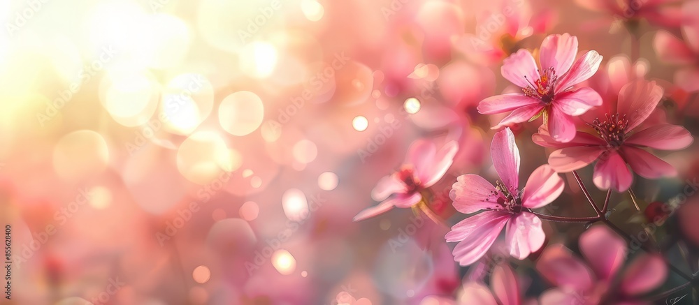 Banner of a beautiful summer landscape decorated with pink flowers on a blurred bright background with copy space
Banner of a beautiful summer landscape decorated with pink flowers on a blurred bright background with copy space