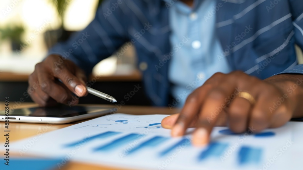 A close-up of a financial analyst pointing at a line graph during a strategic business meeting A close-up of a financial analyst pointing at a line graph during a strategic business meeting