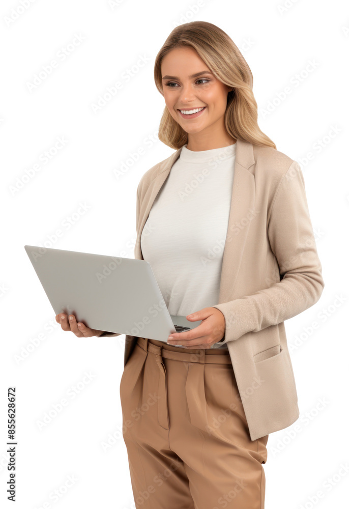 PNG A Cheerful beautiful woman holding laptop computer standing cheerful. PNG A Cheerful beautiful woman holding laptop computer standing cheerful.