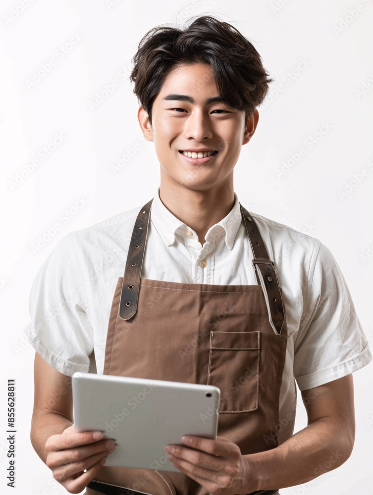A cheerful Asian male coffee shop worker in an apron uses a tablet and stares at blank space on a white background. Idea for a small business venture. A cheerful Asian male coffee shop worker in an apron uses a tablet and stares at blank space on a white background. Idea for a small business venture.