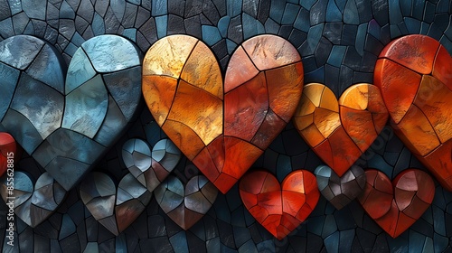 A detailed image of hearts arranged in a geometric tessellation, modern and artistic. The hearts form a precise pattern with vibrant colors and clean lines, set against a sleek photo