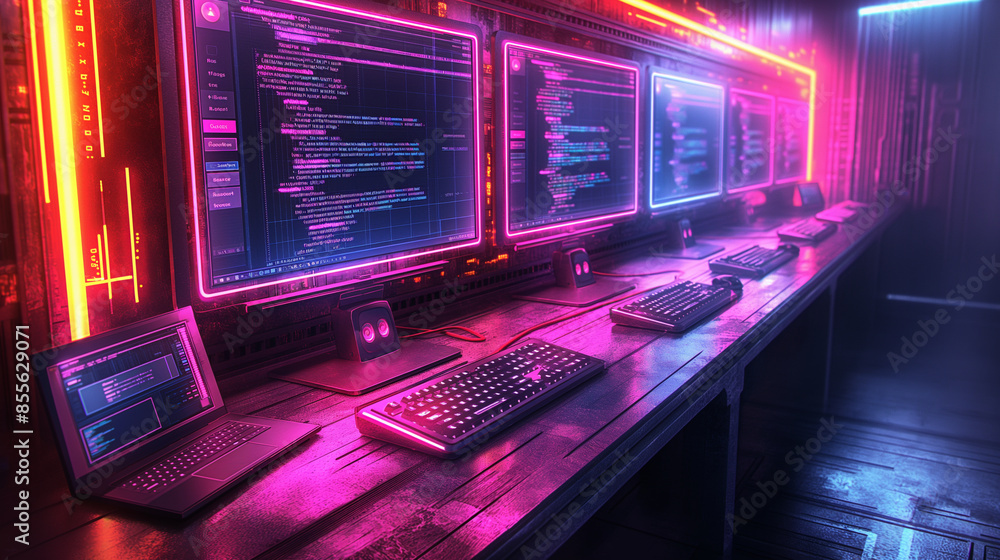 A computer desk with four computer monitors and a keyboard