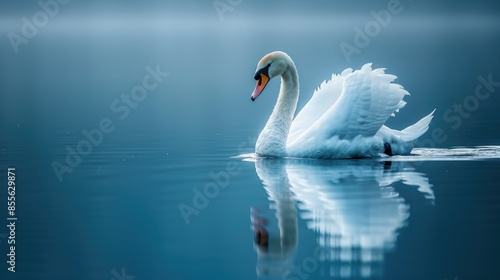 Fototapeta Naklejka Na Ścianę i Meble -  Majestic wild swan gliding on the lake s blue water