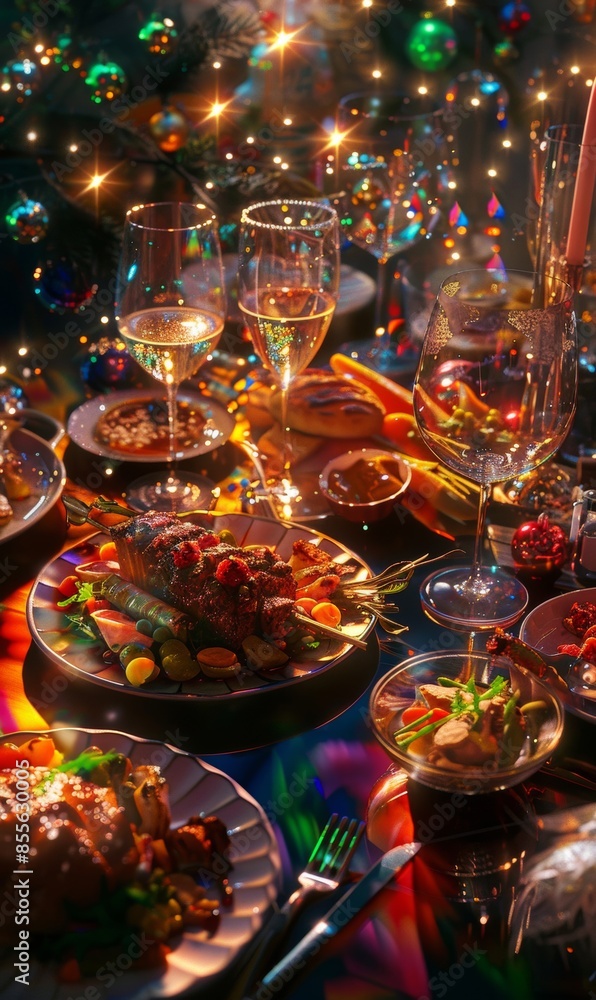 Hologram panoramic view of a festive dining scene with diverse group enjoying a celebratory meal, futuristic digital concept Hologram panoramic view of a festive dining scene with diverse group enjoying a celebratory meal, futuristic digital concept