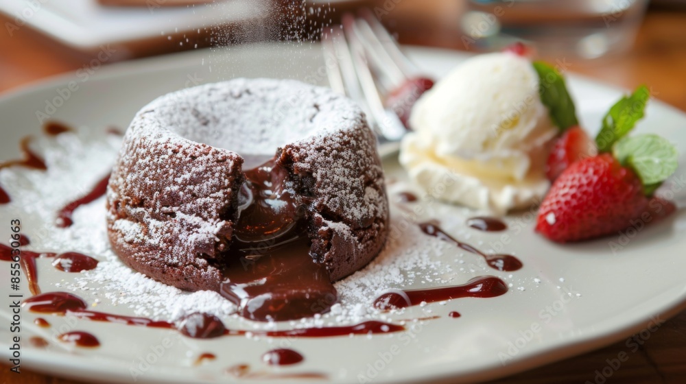 A decadent chocolate lava cake with a molten center, dusted with powdered sugar and served with vanilla ice cream A decadent chocolate lava cake with a molten center, dusted with powdered sugar and served with vanilla ice cream
