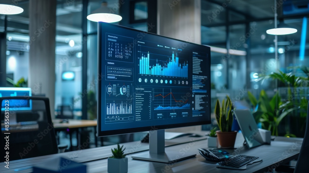 A digital screen in a corporate office showing a spider chart evaluating competitive positioning in the market A digital screen in a corporate office showing a spider chart evaluating competitive positioning in the market