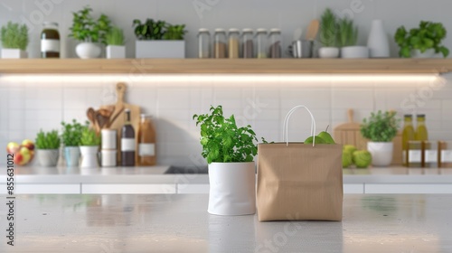 A modern kitchen filled with groceries stored in eco-friendly packaging. © Emqan