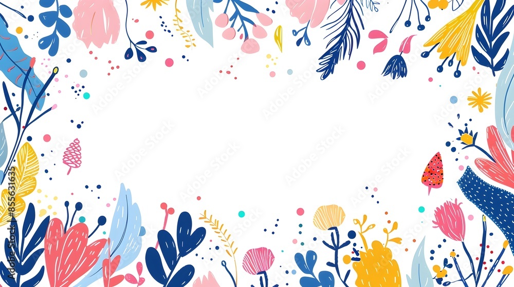Vibrant Floral Frame with Playful Doodle Patterns on White Background Vibrant Floral Frame with Playful Doodle Patterns on White Background