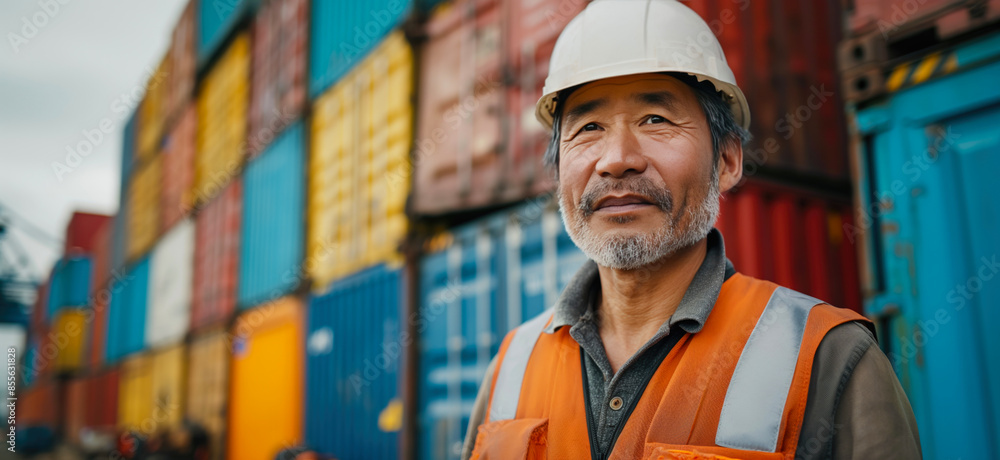 Chinese worker standing in front of stacked shipping containers. Container terminal - freight shipping background. International trade banner. Import export concept. Chinese worker standing in front of stacked shipping containers. Container terminal - freight shipping background. International trade banner. Import export concept.