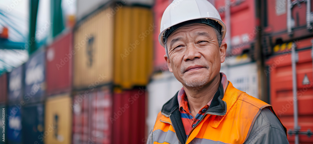 Chinese worker standing in front of stacked shipping containers. Container terminal - freight shipping background. International trade banner. Import export concept. Chinese worker standing in front of stacked shipping containers. Container terminal - freight shipping background. International trade banner. Import export concept.
