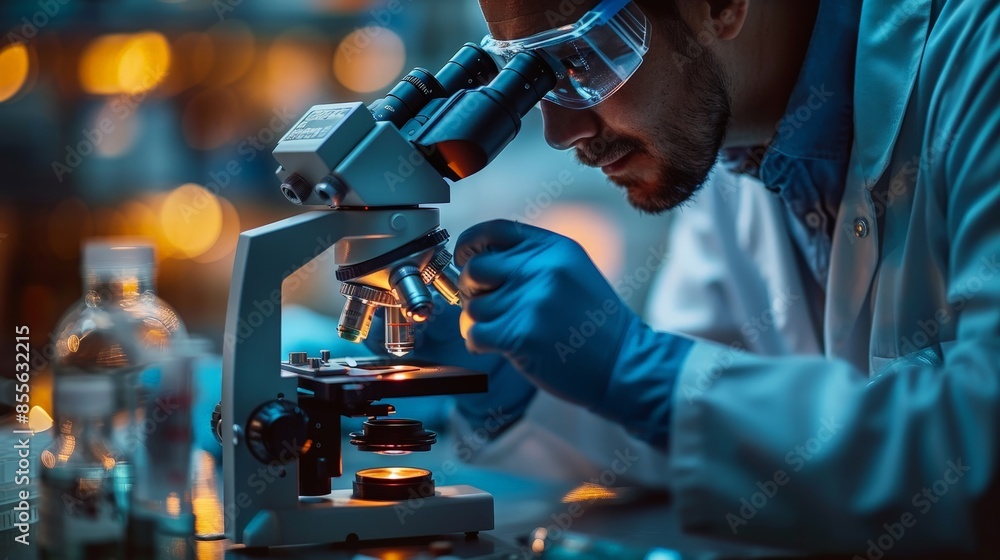 A scientist wearing protective gear examines samples under a microscope in a high-tech laboratory environment. A scientist wearing protective gear examines samples under a microscope in a high-tech laboratory environment.