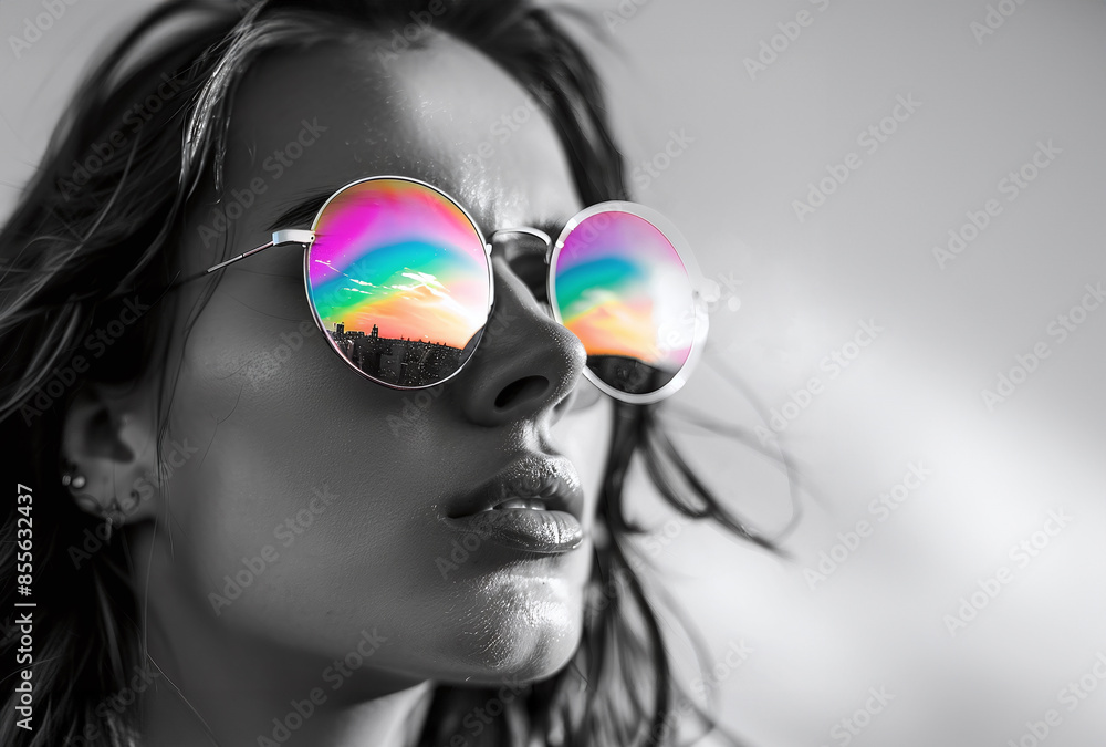 Woman in sun glasses with colorful reflection. Unusual woman portrait in glasses. Woman in sun glasses with colorful reflection. Unusual woman portrait in glasses.