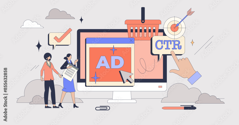 © VectorMine - Media planning for effective ads strategy tiny person neubrutalism concept. Online marketing for brand recognition and advertisement on social media vector illustration. Click through rate analysis.