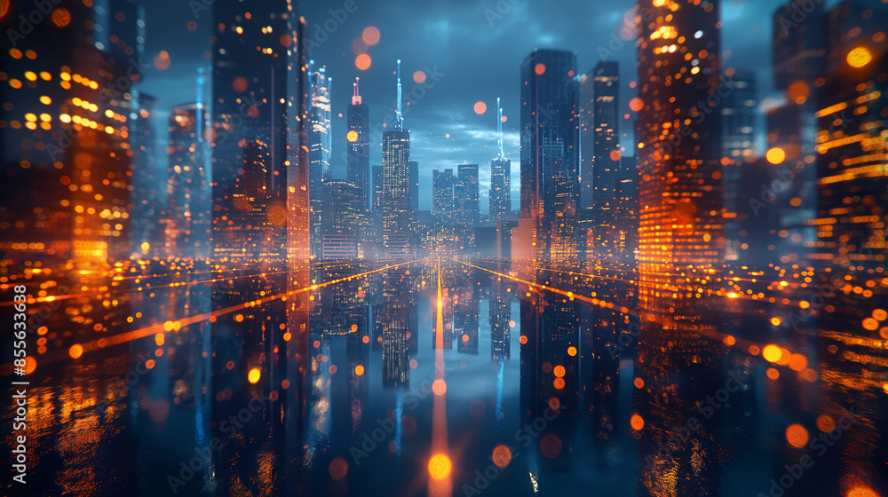 A cityscape with a reflection of the city in the water A cityscape with a reflection of the city in the water