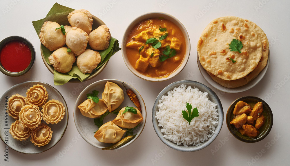 Top view collection of Indian foods isolated on a white background, including momos, butter Top view collection of Indian foods isolated on a white background, including momos, butter