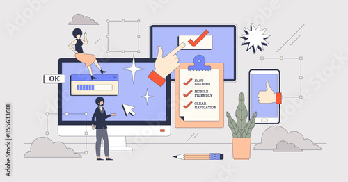 User experience or UX best website practices tiny person neubrutalism concept. Application interface for various devices with fast loading time, responsiveness or clear navigation vector illustration
