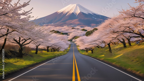 This road stretches as far as the eye can see in Japan. spring time photo