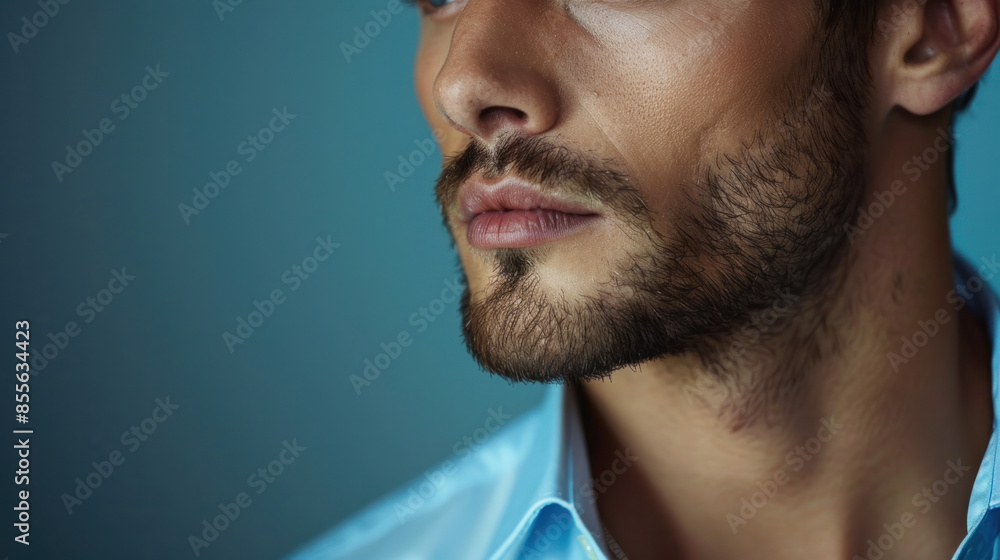 Fototapeta premium A man with a beard and mustache is wearing a blue shirt. Concept of confidence and masculinity