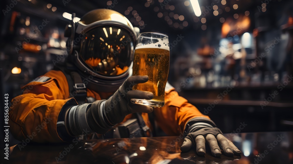 Astronaut in a space suit and helmet at a rave club with a Beers glass Astronaut in a space suit and helmet at a rave club with a Beers glass