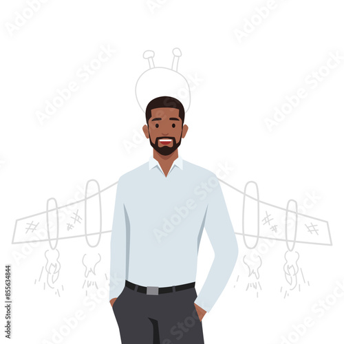 Businessman standing with hand inside his pocket with sketch of jetpack rocket. Flat vector illustration isolated on white background