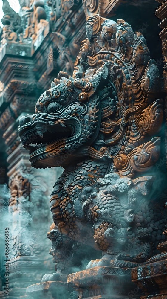 Fototapeta premium Mystical Dragon Guardian Sculpture Protecting Ancient Temple