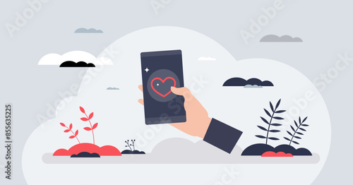 User experience or UX design for application tiny person hands concept. Smartphone application with responsive layout and easy to use interface vector illustration. Graphic designer for device app.