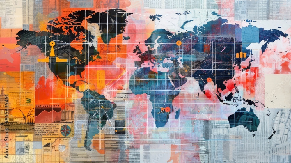 Fototapeta premium Interconnectedness and globalization in a mixed media composition.