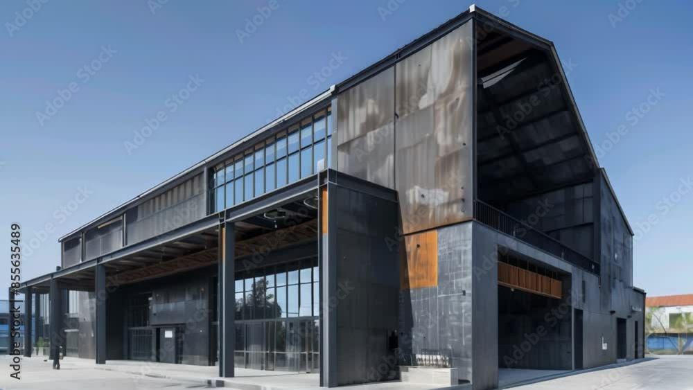 Modern industrial warehouse with large glass windows and metal panels. The structure features a sleek, utilitarian design with a combination of rustic and contemporary elements under a clear blue sky. Modern industrial warehouse with large glass windows and metal panels. The structure features a sleek, utilitarian design with a combination of rustic and contemporary elements under a clear blue sky.