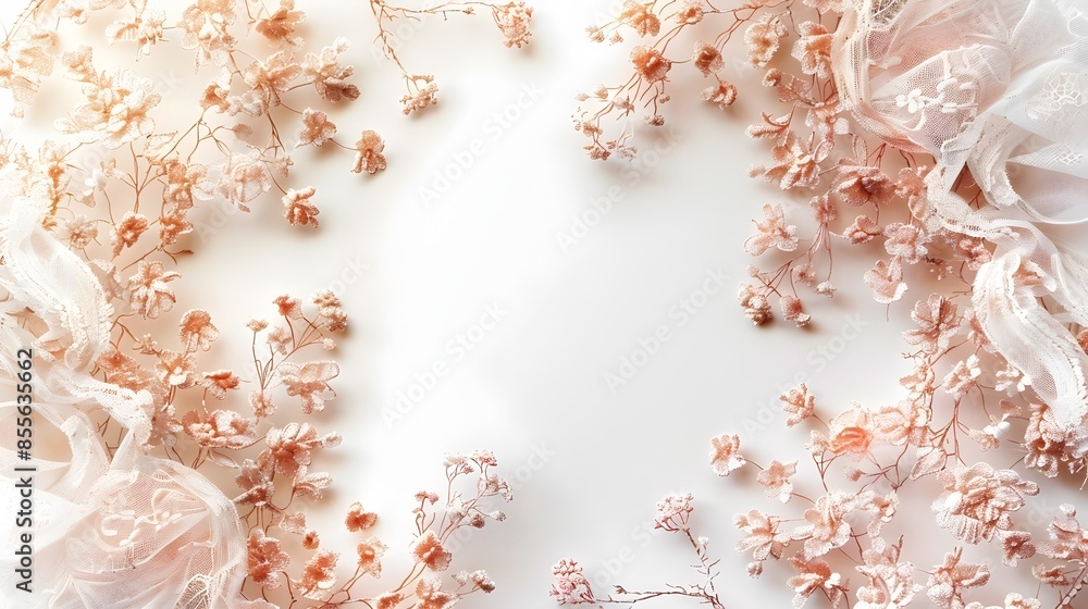 Fototapeta premium Romantic Lace Frame with Delicate Floral Patterns on White Background