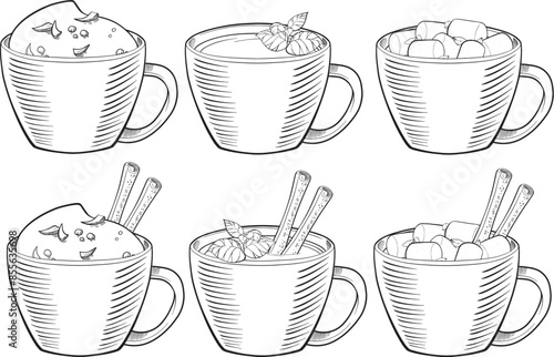 set of vector hand drawn illustrations of a cup. Vector composition with cup of hot chocolate, coffee. 
