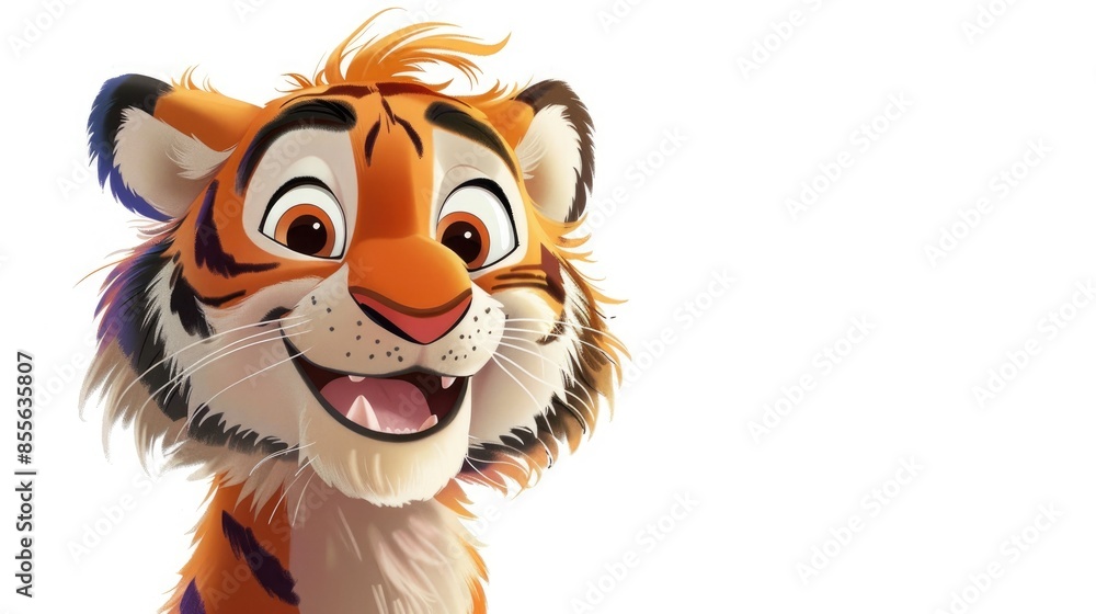 Obraz premium An adorable tiger cartoon with a big smile set against a clean white background