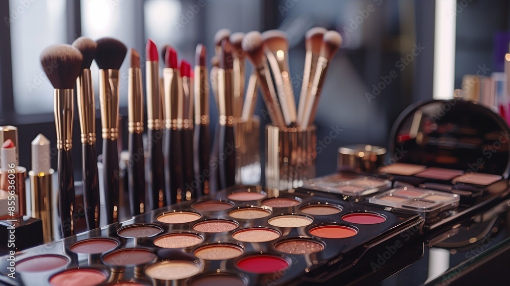 In a pristine makeup studio bathed in natural light, an assortment of premium makeup products and tools takes center stage. In a pristine makeup studio bathed in natural light, an assortment of premium makeup products and tools takes center stage.
