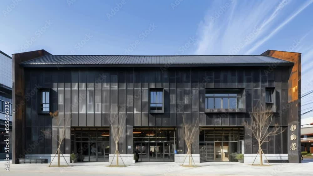 Modern industrial warehouse with large glass windows and metal panels. The structure features a sleek, utilitarian design with a combination of rustic and contemporary elements under a clear blue sky. Modern industrial warehouse with large glass windows and metal panels. The structure features a sleek, utilitarian design with a combination of rustic and contemporary elements under a clear blue sky.