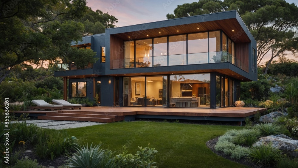 contemporary eco-friendly home. Include features like large windows for natural light, solar panels on the roof, and sustainable materials like wood and stone. Surround the ho contemporary eco-friendly home. Include features like large windows for natural light, solar panels on the roof, and sustainable materials like wood and stone. Surround the ho