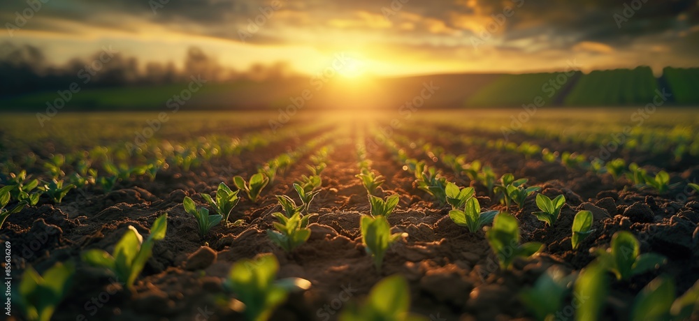 Sprouts in the spring field. Agriculture banner. Sprouting seeds from a low angle view. Germination concept Sprouts in the spring field. Agriculture banner. Sprouting seeds from a low angle view. Germination concept