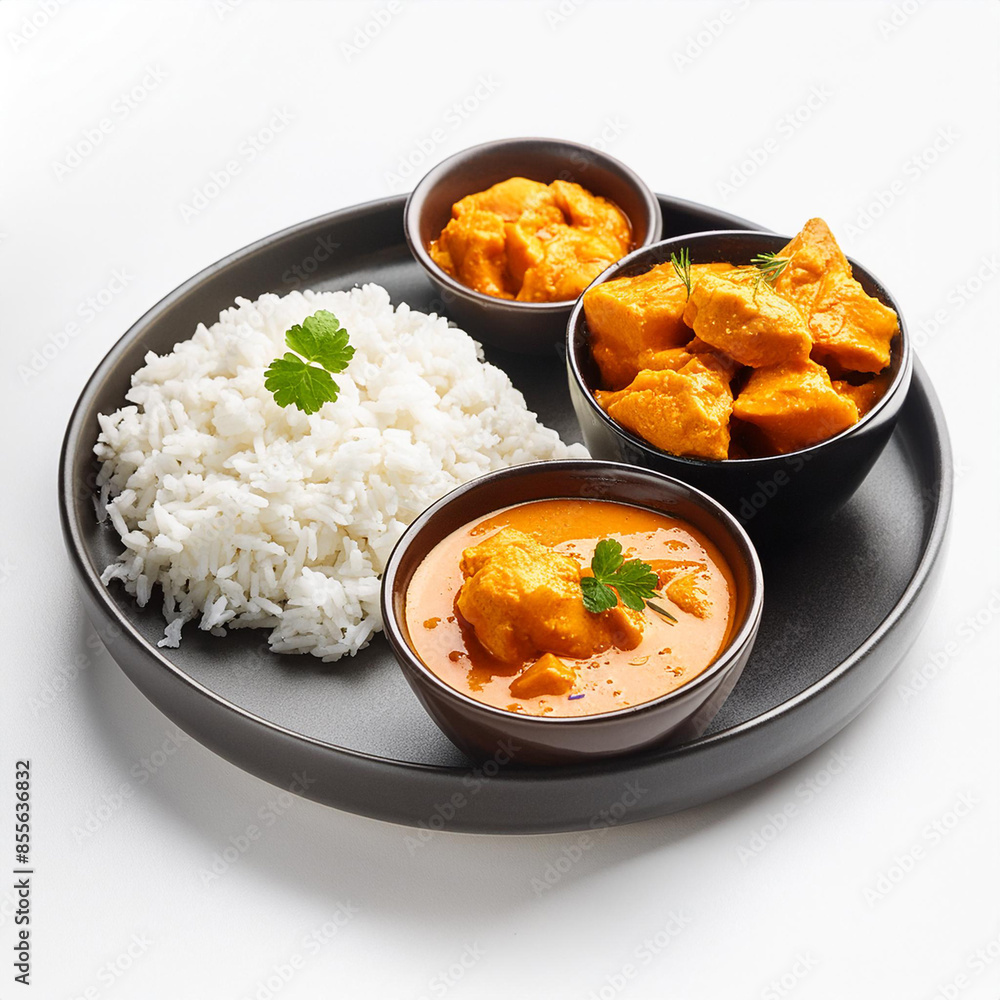 Indian foods isolated on a white background butter chicken curry and rice Indian foods isolated on a white background butter chicken curry and rice