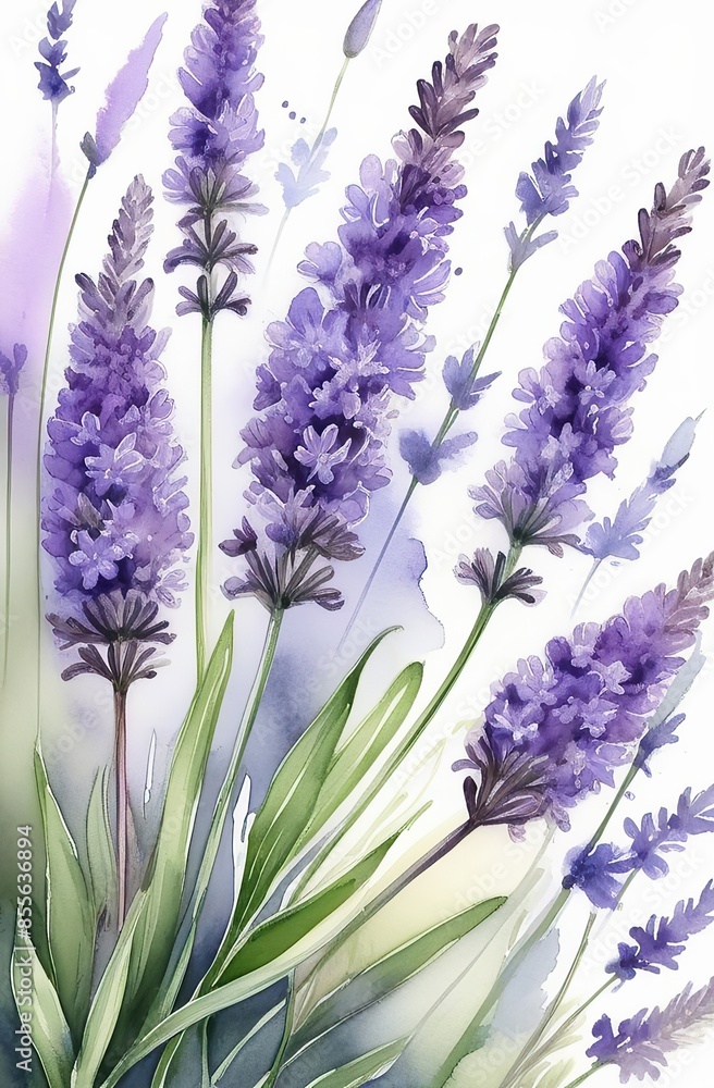 Obraz premium Lavender watercolor background. Delicate flower bouquet on a white background. Spring-summer banner template