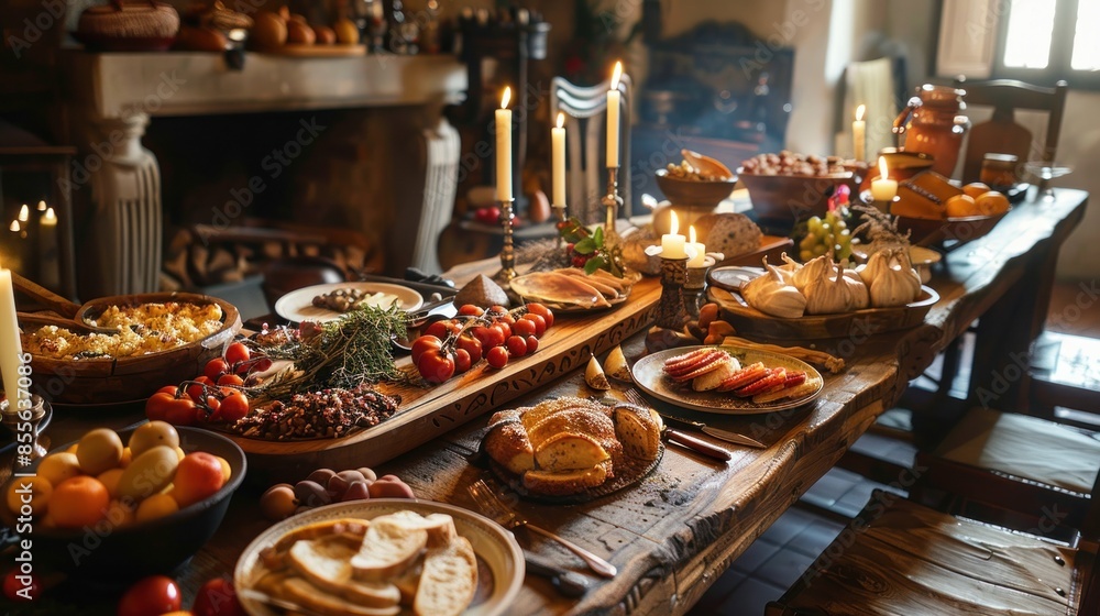 a long carved dining table, seating six, in the center of which are various foods and there are candles, a set of cutlery on the side, in a luxurious house. a long carved dining table, seating six, in the center of which are various foods and there are candles, a set of cutlery on the side, in a luxurious house.