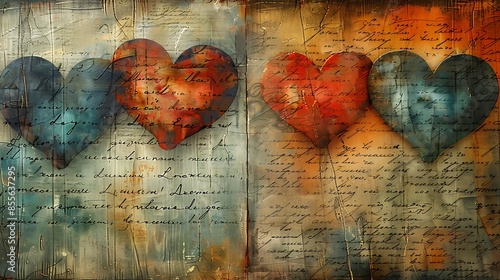 A vibrant depiction of heart patterns on a vintage love letter background, romantic and nostalgic. The hearts overlay aged paper with handwritten text, creating a timeless