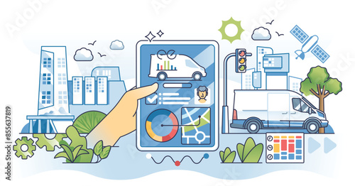 Vehicle telematics as smart communication system outline hands concept. Wireless connection with sensor and advanced information exchange with car and satellite vector illustration. Location tracking