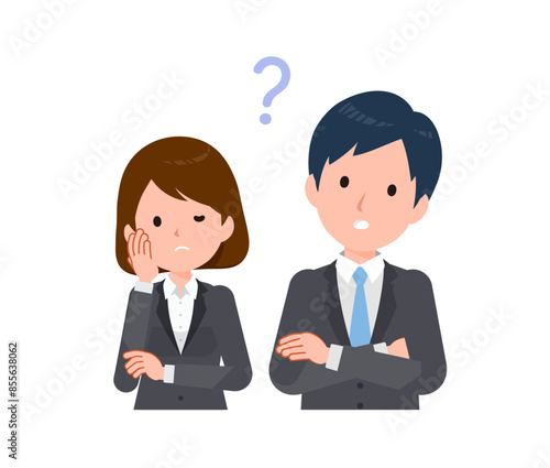 スーツを着たビジネスピープル男女。悩み、疑問、不安。